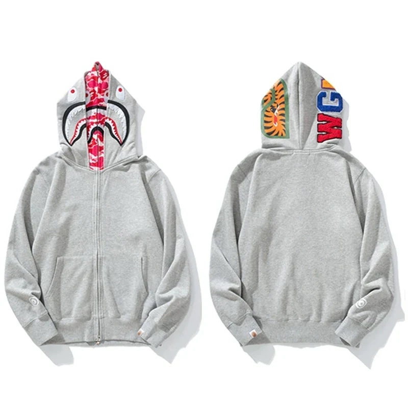 BAPE Style Solid Light Grey Shark Full-Zip Hoodie - Pink Camo Interior